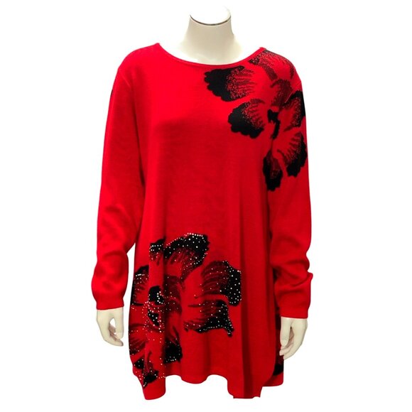 CCC Spring Pullover Stretch Loose Red Black Floral Sweater Dress Rhinestones LGE - Picture 1 of 8